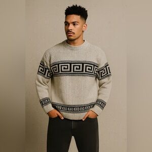 VTG PELETTI Gray Black Greek Key Pattern Streetwear Pullover Sweater—2XL